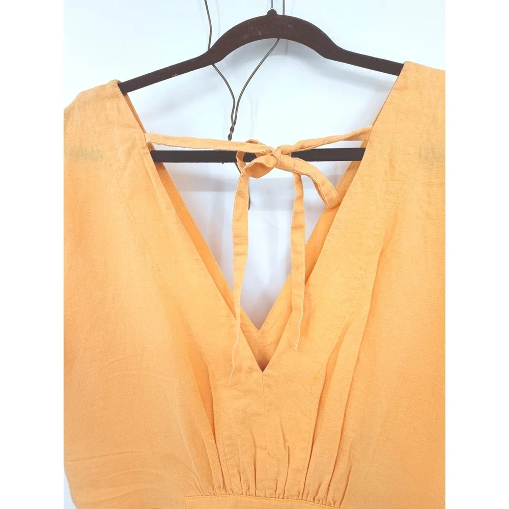 Free People Jumpsuit Womens XS Orange Tie Front Linen Blend Oversized Open Back